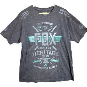 Fox Racing Graphic T-Shirt Mens Streetwear Y2K Gray Grunge Casual Retro Thrashed